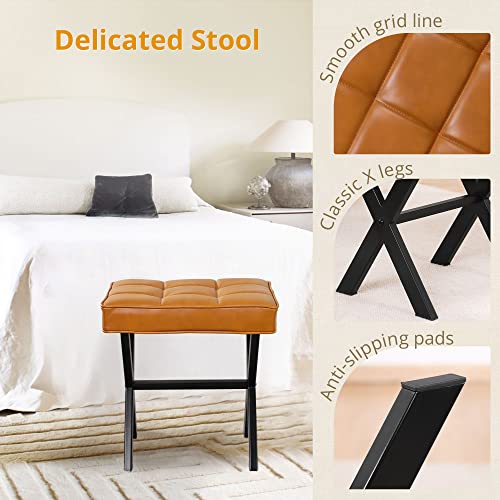 Lue Bona Vanity Stool, Square Faux Leather Makeup Stool With Metal X Legs, Small Ottoman Stool Chair For Vanity, Modern Padded Vanity Seat Foot Rest Stool For Makeup Room, Living Room, Brown #TOP6