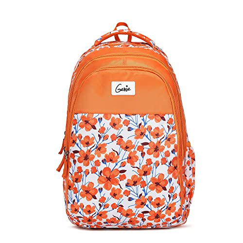 Genie Camellia Orange School Bag for Girls, 17 inch Backpack for Women, 3 compartments Water Resistant Stylish and Trendy College Backpacks for Girls