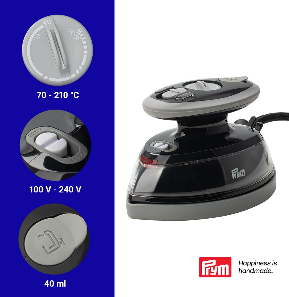Prym Mini Dampfbügeleisen schwarz mit Silikonablage & Aufbewahrungs-Case im Set | 400W, einstellbare Temperatur (110–240V) | ideal für Nähen, Patchwork & Reisen