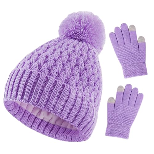 Kids Winter Hat and Gloves Set Girl Warm Knit Beanie with Pom Fleece Lined for Toddler Boys Girls 1-6 Years Purple