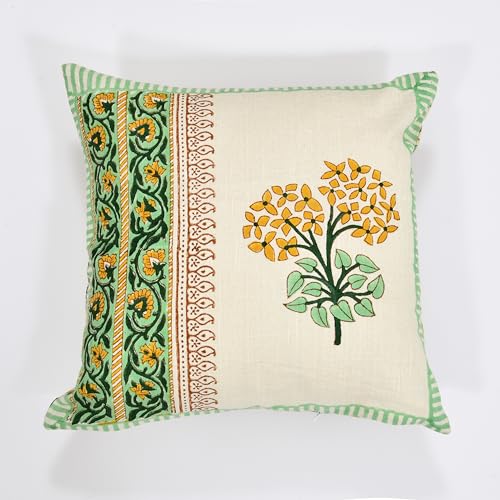 Image of BLOCKS OF INDIA Hand Block Printed Cotton Linen Cushion Cover (16 x 16 inches) (DYE Green Yellow Half)