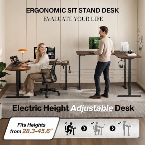 Image of Grandder 63 x 55 Inch L Shaped Standing Desk, Electric Height Adjustable Corner Stand Up Desk, Sit Stand Corner Table Home Office Table, Walnut Top Black Frame