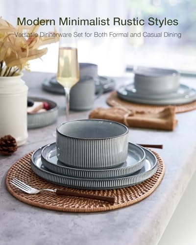 Image of Famiware Star 16-Piece Stoneware Dinnerware Set, Service for 4, Reactive Glaze Mugs, Plates and Bowls, Dishes with Trim, Modern Rustic, Chip /Scratch Resistant, Microwave /Dishwasher Safe, Smoky Blue