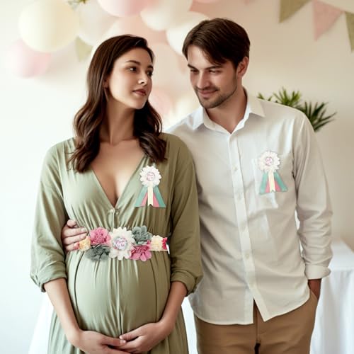 Image of Dusty Rose and Sage Green Baby Shower Maternity Sash Kit, Dusty Pink Gender Reveal Belly Belt and Mom To Be Dad To Be Corsage Pins, New Parent Pregnancy Announcement Photo Prop Party Supplies