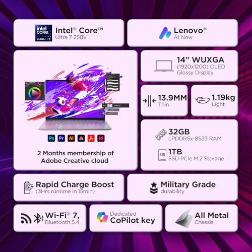 Image of Lenovo Yoga Slim 7 AI Laptop PC 2025 Aura Edition, Intel Core Ultra 7 258V, 32GB RAM, 1TB SSD, OLED, Copilot+ Lenovo AI Now, 47 Tops, 14 inch /35.5cm, Win 11, Office 24,Grey, 1.2 Kg, 83JX001MIN, AI Laptop