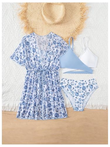 Milumia Girl's 3 Piece Swimwear Floral Print Criss Cross Bikini Set with Cover Ups3