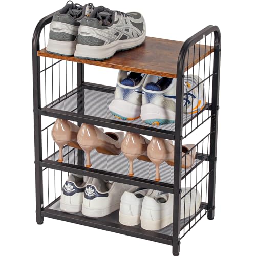 BWOORACKU Shoe Rack, 4-Tier Shoe Organizer with Guardrails, Heavy-Duty Metal Mesh Shelves & Rustic...
