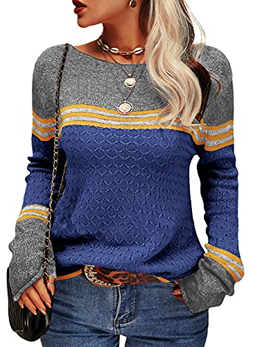 Image of Grlasen Women Fashion Autumn Winter Colorblock Pullover Knitting Sweater Round Neck Knitwear Tops