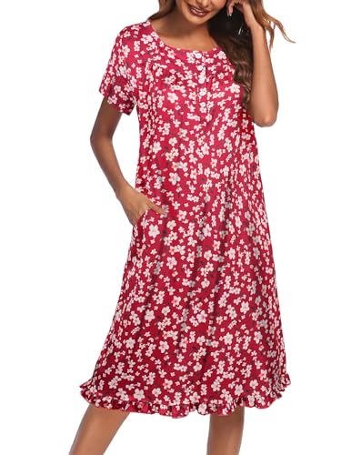 Image of Ekouaer Nightgowns for Women with Pockets Button Front Short Sleeve House Dresses Floral Print Mumu Dress