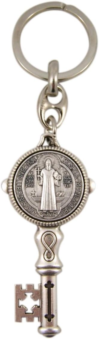 Saint St Benedict Jubilee Medal Key Shaped Pendant Keychain, 4 1/4 Inch