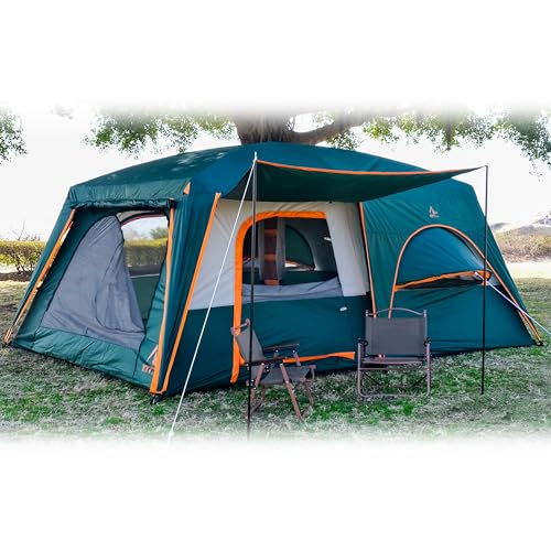KTT Extra Large Tent 12 Person,Family Cabin Tents,Full Rainfly,2 Bay-Windows,2 Rooms and 3 Doors 3 Windows with Mesh,Waterproof,Straight Wall,Double Layer,Big Tent for Outdoor,Picnic,Camping(Green)