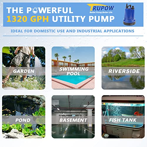 Image of TRUPOW 1 /3HP Utility Pump 1320GPH Portable Electric Submersible Sump Pump Low Suction with Cast Aluminium Housing, Drain Clean Water for Basement Flood Cellar Pool Garden Pond and Hot Tub