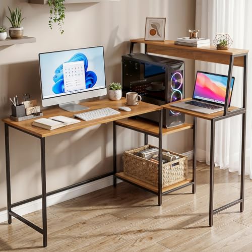 Image of ABOUT SPACE Study Table -L-Shaped Computer Table with Tower & Bottom Storage -Metal Frame Gaming Desk with CPU Stand-Office Desk for Laptop, PC-Engineering Wood (Teak - L 114 x B 89 x H 117cm)