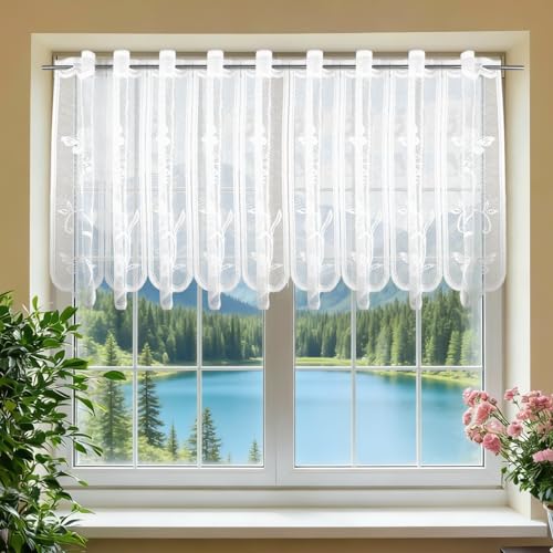 2 Pièces 130 x 45cm Rideau-Brise-Bise Jacquard en Dentelle, Court Rideau fe Cuisine, Rideaux Brise Vue, Petit Rideaux Cuisine, Rideaus Brise Bise, Rideaus...