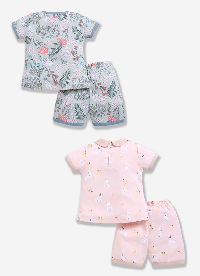 Image of Baby Girls 100% Cotton Printed Half Sleeve T-shirt & Short Summer Clothing Sets (Pack Of 2)