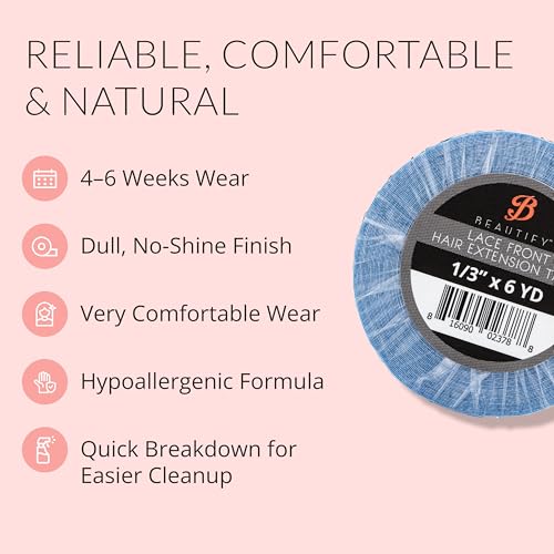 Image of Beautify Lace Front Hair Extension Tape Roll 1 /3 inch x 6 Yards, Hypoallergenic No-Shine Double Sided Tape for Tape in Hair Extensions Human Hair, Strong Long Lasting Extension Tape for Secure Bonding