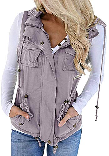 Soulomelody Womens Military Anorak Sleeveless Vest Safari Utility Drawstring Lightweight Hoodies Jacket with Pockets Grey