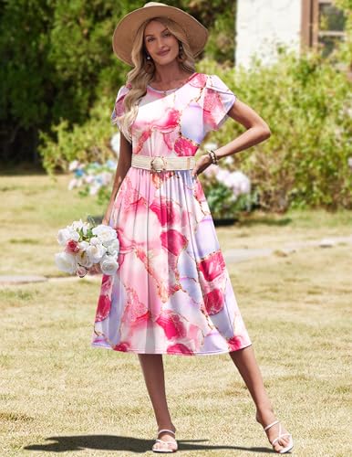Image of HOTOUCH Women's Summer A-Line Midi Dresses 2026 Casual Floral Short Sleeve T-Shirt Dress Flowy Beach Sundress with Pockets