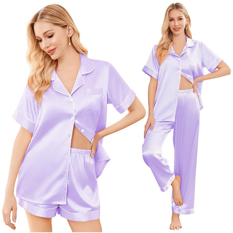 Image of Ekouaer Silk Pajamas for Women Set Satin Soft Short Sleeve Button Down Pjs