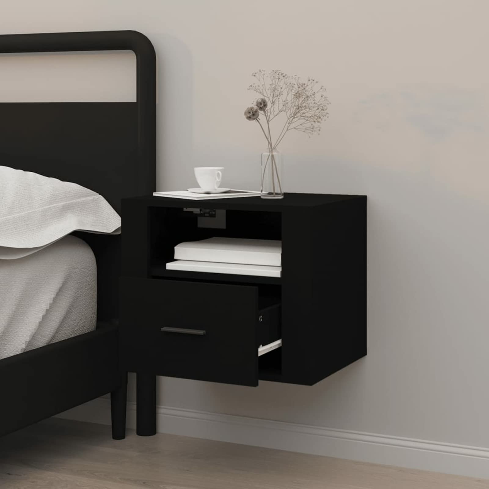 Gecheer Comodino da parete, nero, 50 x 36 x 40 cm, tavolino galleggiante con cassetto e mensola, comodino armadio laterale sospeso supporto per telefono per camera da letto, soggiorno