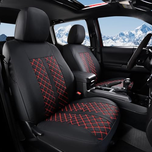 Image of Truckiipa Tacoma Leather Car Seat Covers Full Set Truck Seat Covers Cushion Fit for 2016-2023 Toyota Tacoma Double Crew Cab, Full Set, Black&Red