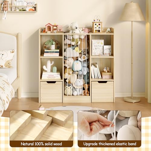 Image of Toy Storage Organizer with Stuffed Animal Storage, Solid Pine Wooden Toy Organizer & Stuffed Animal Zoo, 4 Cubes Shelf with 2 Movable Drawers, 4 -in-1 Book Shelf for Kids Room, Playroom, Nursery