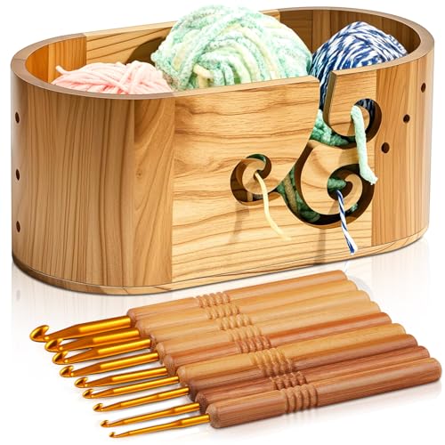 Image of Marsui Yarn Bowl for Crocheting with 9 Knitting Hooks 3 Holes Curly Design Wooden Crochet Yarn Holder 10.79 x 5.47 x 4.72 Inch Oval Baskets for Knitting Storage for Knitters Lover Mother Gifts