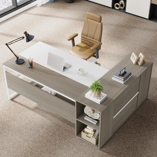 Image of Tribesigns 71 inch Executive Desk, L Shaped Desk with Cabinet Storage, Executive Office Desk with Shelves, Business Furniture Set Workstation for Home Office, Gray and White