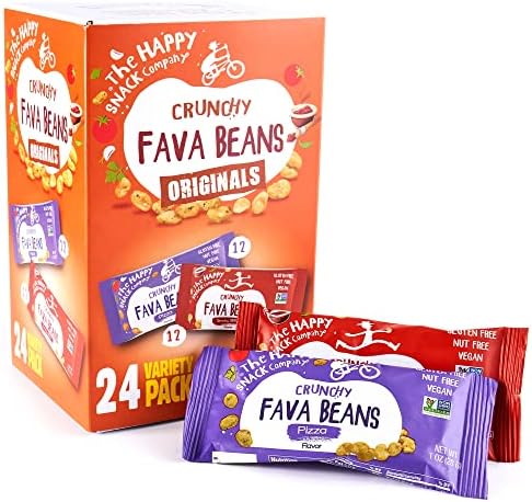 The Happy Snack Company Crunchy Fava Beans Variety Pack 24 x 1 oz (Pizza Flavor & Smoky BBQ Flavor). 7g Protein & 130 Cals per pack. Gluten, Nut and Dairy Free, Non-GMO, Vegan, Plant Based Protein, Natural Prebiotic.