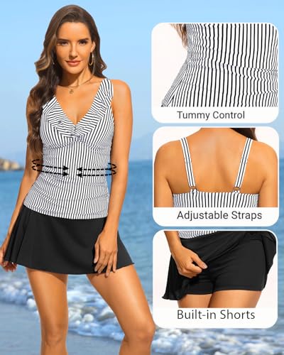 Image of Aqua Eve Women Tankini with Skirt - Tummy Control Swimsuit Two Piece Bathing Suit Ruffle Swimwear Ladies Swim Suit