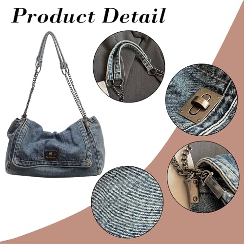 KlaOYer Denim Shoulder Bag for Women Jean Tote Bag Adjustable Chain Strap Crossbody Bags Y2k Trendy Hobo Purse Handbag3