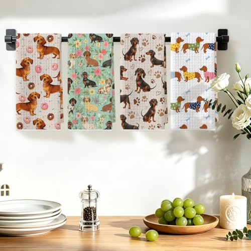 Image of 4 Pcs Cute Dachshund Kitchen Towels 24x14 Inch, Dachshund Gifts Reusable Dish Towels for Kitchen Bathroom Decor, Weiner Dog Floral Donuts Hand Cloth Tea Towel, Cute Dog Gifts for Women Mom Friend