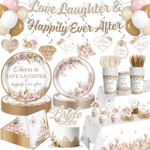 Bridal Shower Decorations Boho Bride to Be Love Laughter & Happily Ever After Banner Bridal Shower Plates and Napkins With 2 Pcs Tablecloth Cheers to Love Wedding Shower Bachelorette Party Supplies