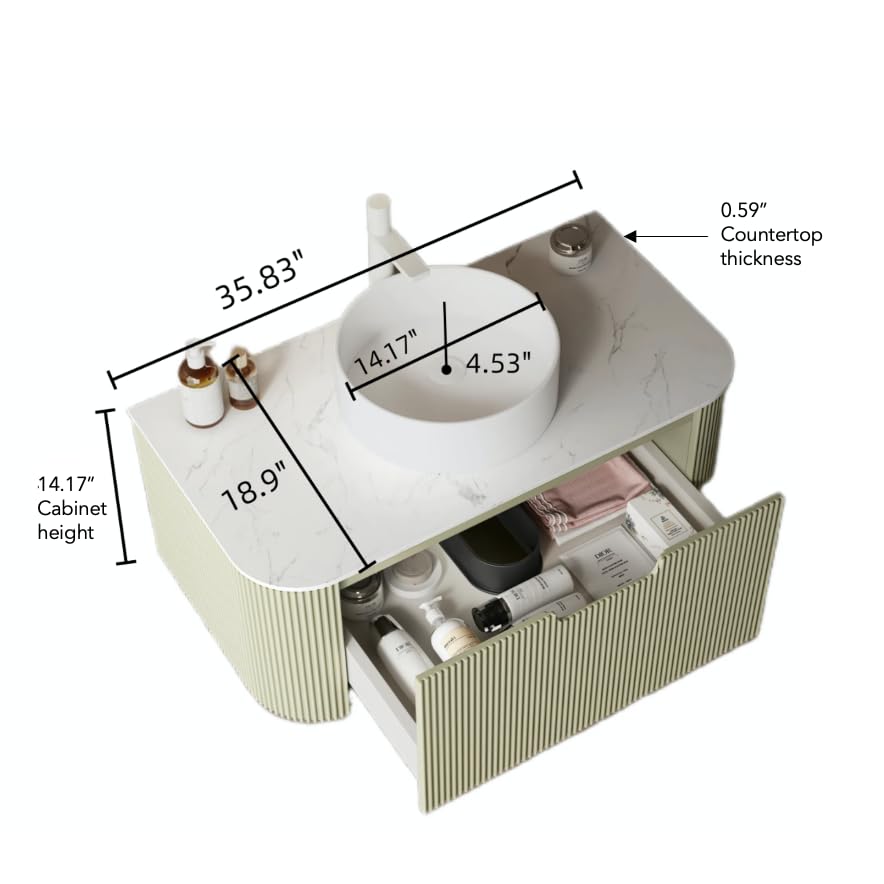 Image of KEIKI 36 inch Bathroom Vanity Cabinet with Sink Combo, Wall Mounted Curved Edges Striped Floating Bathroom Vanity with Soft-Close Drawer, White Round Ceramic Basin Without Faucet, Light Green