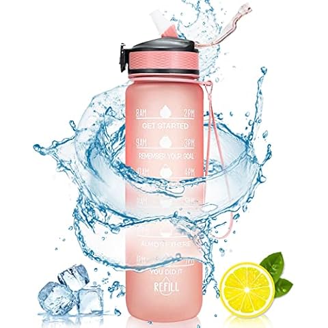 Leismy Trinkflasche mit Strohhalm 1L, Wasserflasche mit Zeitmarkierungen, BPA Frei 1 klick Öffnen, Erinnerung an die Wasser Trinkzeit Cover