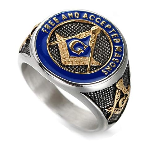 IFUAQZ Men's Stainless Steel Freemason Symbol Masonic Ring Silver Gold Blue Free and Accepted Masons Signet Rings Band, Silver Gold Size 11 Cover