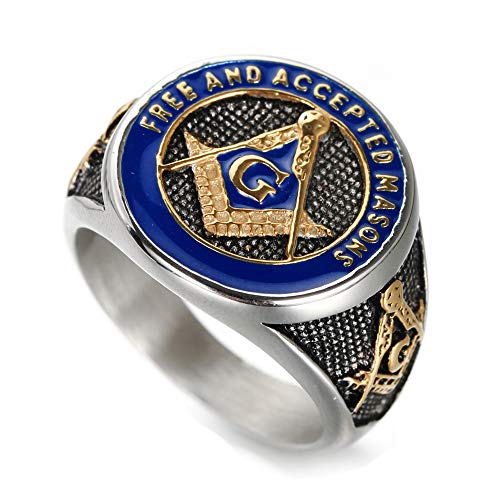 Men's Stainless Steel Vintage Freemason Masonic Biker Rings Blue Free and Accepted Masons Ring Band