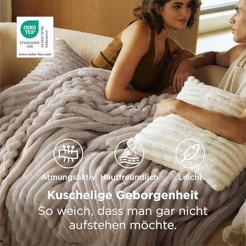 BEDSURE Kuscheldecke für Zimmer Deko - Wolldecke & Fleecedecke, Sofadecke, Weiche Warme Grobe Korddecke für Couch, Geschenke für Frauen, Tagesdecke, Beige, 150 x 200 cm