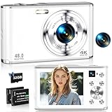 4K Digital Camera for Photography, 48MP Dual Cameras for Photography, 16X Digital Zoom Point and Shoot Cameras with 32GB Card & 2 Batteries Camera for Boys Girls Kids - White