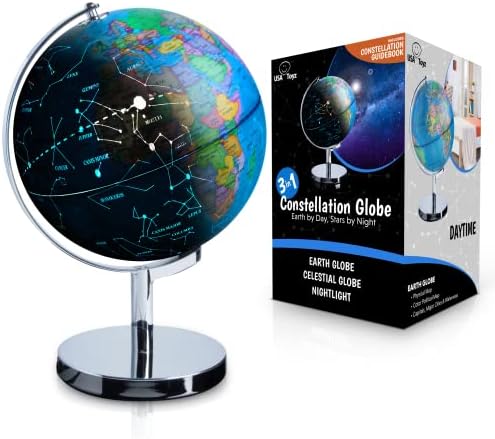 USA Toyz Illuminated Globe of the World with Stand - 3in1 World Globe, Constellation Globe Night Light, and Globe Lamp with Built-In LED, Easy to Read Texts, and Non-Tip Base, 13.5 Inch Tall