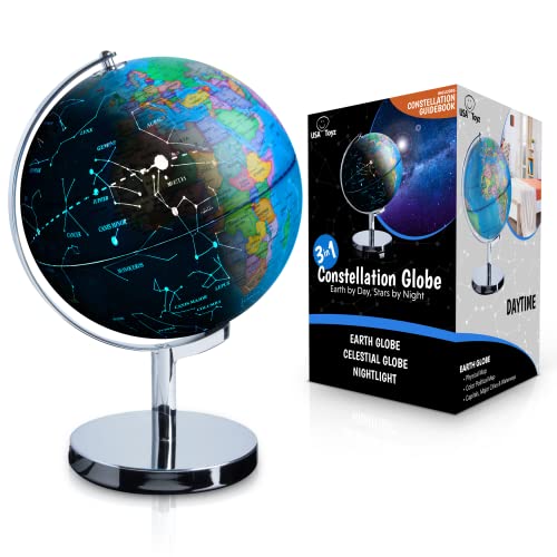 USA Toyz Illuminated World Globe with Stand - 3in1 STEM Globes for Adults and Kids, Constellation Map, Built-In LED Night Light Lamp, Easy to Read Texts, Non-Tip Base, 13.5 Inch Tall, 9 Inch Diameter by USA Toyz - Used condition - US$31.15