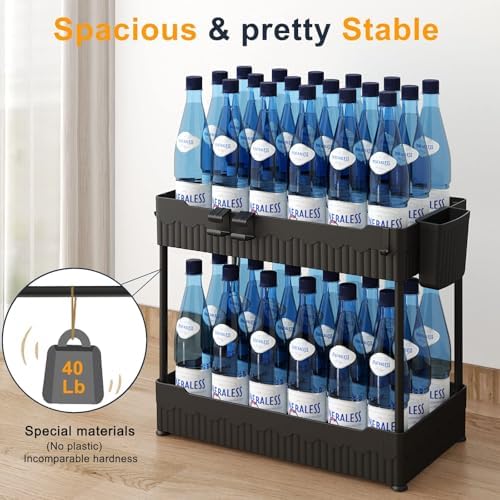 Black Sevenblue under sink organizer installed in a cabinet with cleaning bottles
