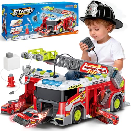 deAO Gros Camion Pompier Jouet 3-8 Ans, Voiture Pompiers avec 6 Mini-Voitures, Pulvérisation d'eau, Échelle Extensible, Talkie-Walkie, Garage Lanceur,...