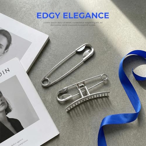 2PCS Oversized Safety Pin Hair Accessories - Silver Metal Large Hair Pins for Bun,Punk Gothic Hair Claw for Women Girls,Minimalist Hair Styling Pins for Thick Hair