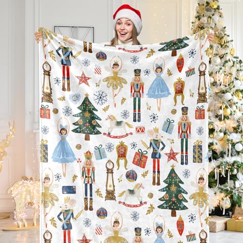 JarThenaAMCS Nutcracker Fuzzy Blanket Christmas Watercolor Nutcracker Throw Blanket Xmas Cartoon Soft Cozy Flannel Blanket for Home Party Bed Sofa Couch 50 x 60 Inch
