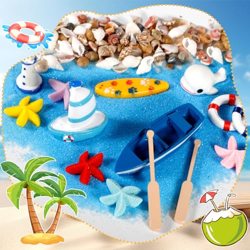 Amzeeniu Strand-Mikrolandschaft 42 Stück Mini-Stranddekorationen Miniliegestuhl Kleine Palme Deko Muscheln Deko Schildkröte Deko für DIY Zen Garten Dekoration Einzigartiges Geschenk Surfbrett deko