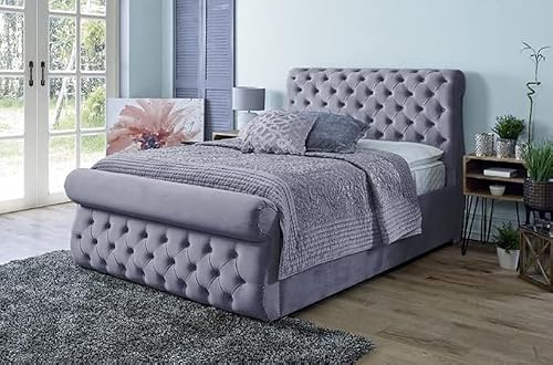 Image of Bespoke Chesterfield Plush Velvet Swan Sleigh Bed - Mattress/Heavy Duty Mesh Gas Lift Option - UK Made (Grey Plush, Double 4ft6 Bed Frame)