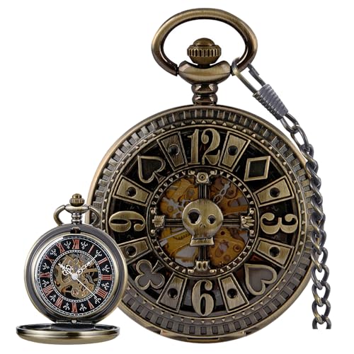 Image of Men's Mechanical Hollow Design Hand Wind Pocket Watch Roman Numerals Steampunk with Chain Box
