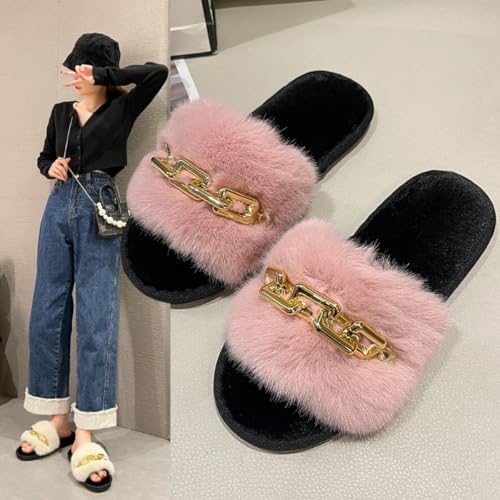 Shiny Chain Decor Plush Fuzzy Slippers for Women Fashion Open-Toe Warm Cozy Fluffy Indoor House Slippers3