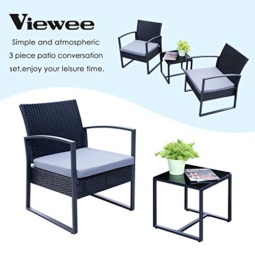 Viewee 3 Pieces Patio Rattan Sets, Modern Outdoor Furniture with 2 PE Rattan Chairs, 2 Thicker Cushions and 1 Square Metal Side Table for Indoor and Outdoor Porches, Decks and Balconies - Thumbnail 4